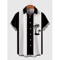 1960s Black & White Stripe Coconut Tree Printing Men's Short Sleeve Shirt