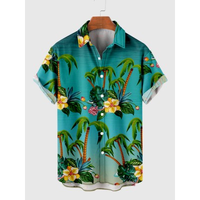 Full-Print Green Coconut Tree Printing Hawaiian Men's Short Sleeve Shirt