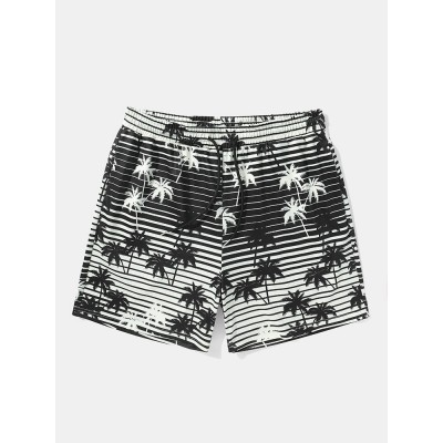 Mens Coconut Tree Striped Print Holiday Loose Drawstring Shorts