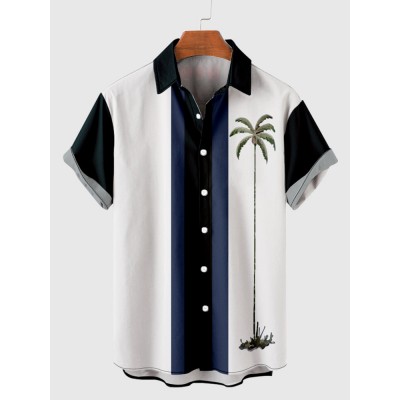 50s Navy & White Stitching Coconut Tree Printing Men's Short Sleeve Shirt