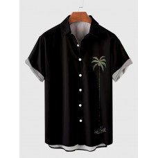 Retro Black Coconut Element Palms Print Trendy Men's Short Sleeve Shirt