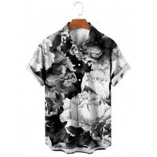 Men's Vintage Black and White Large Floral Mural Print Short Sleeve Shirt