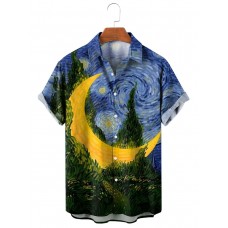 Starry Moon Oil Painting Print Lapel Shirt 57279186X