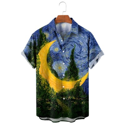 Starry Moon Oil Painting Print Lapel Shirt 57279186X