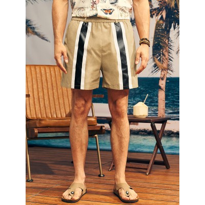 Men Striped Print Belted Wide Legged Above Knee Length Casual Shorts