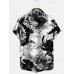 Men's Vintage Black and White Large Floral Mural Print Short Sleeve Shirt