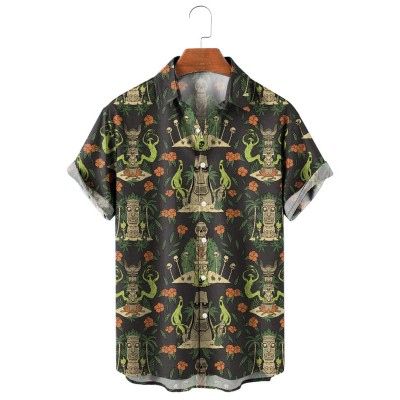 Men's Resort Style Hibiscus Weird Tiki Hawaiian Short Sleeve Shirt