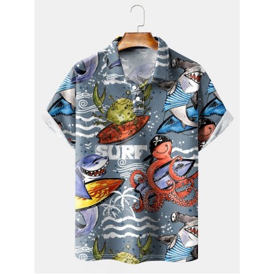 Cartoon Sea Fish Shark Octopus Crab Retro Surf Short Sleeve Polo Shirt