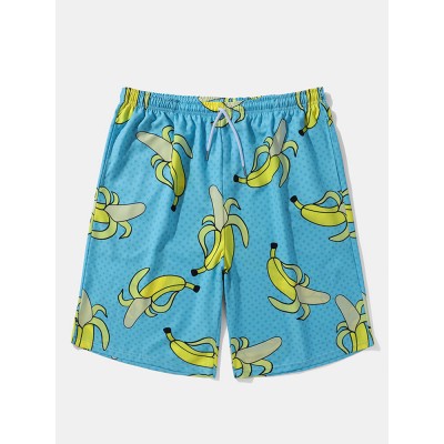 Men Allover Bananas Print Board Beachwear Loose Fit Wide Legged Shorts