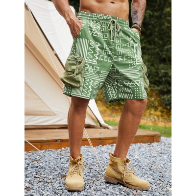 Men Two Large Pocket Geometric Print Mid Length Drawstring Overalls Shorts